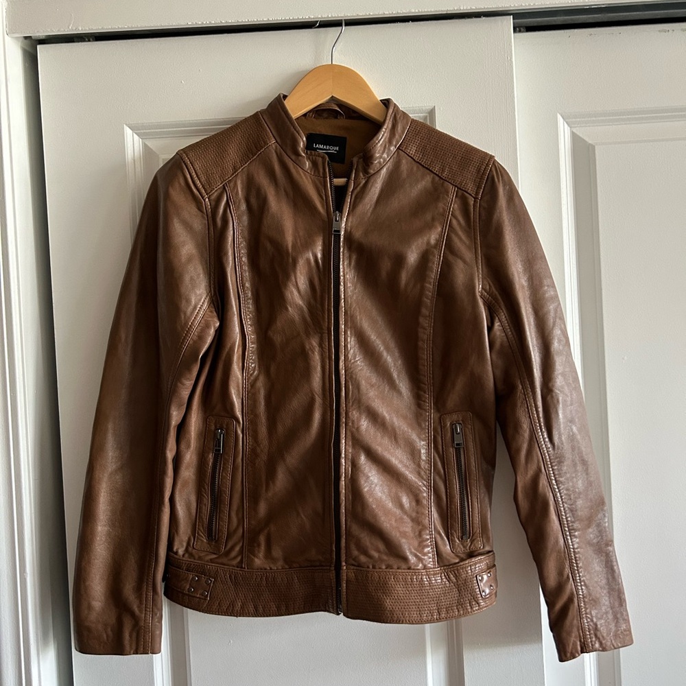 Lamarque Tan Leather Biker Jacket